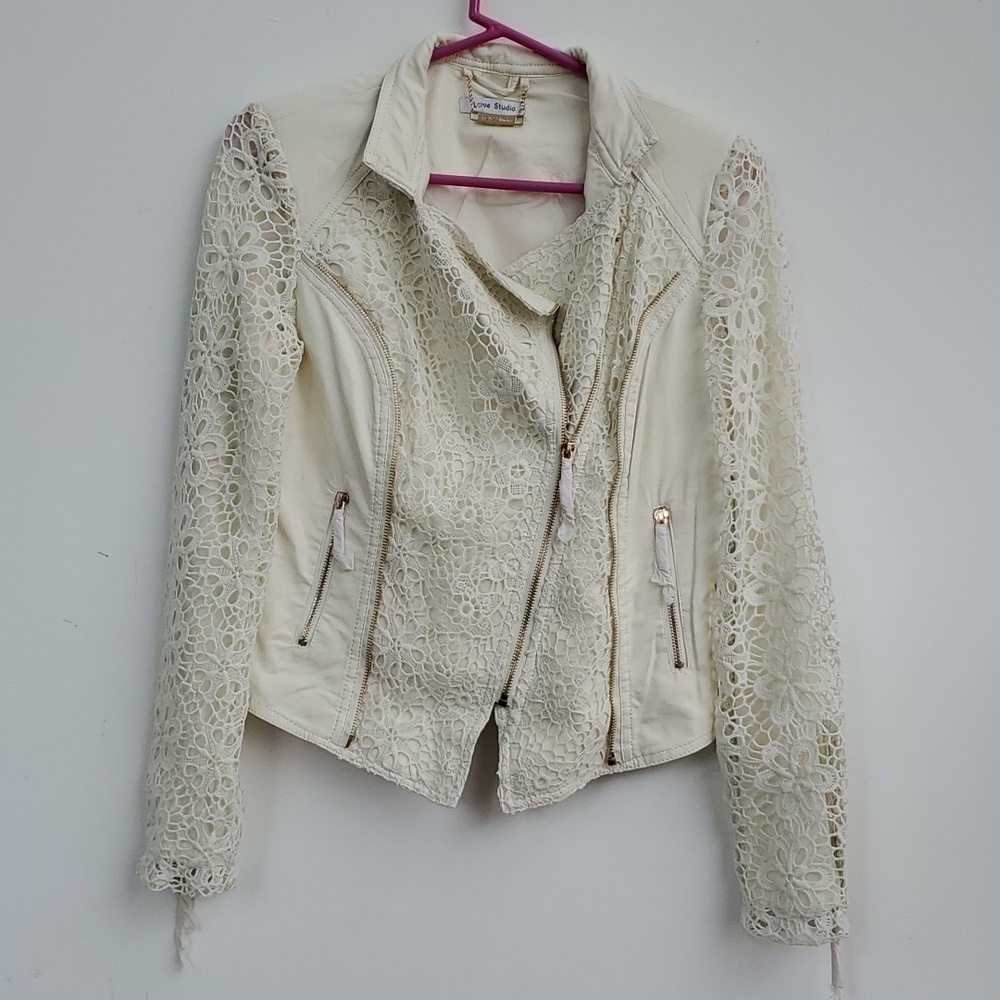 Love studio cream faux leather with lace details moto jacket